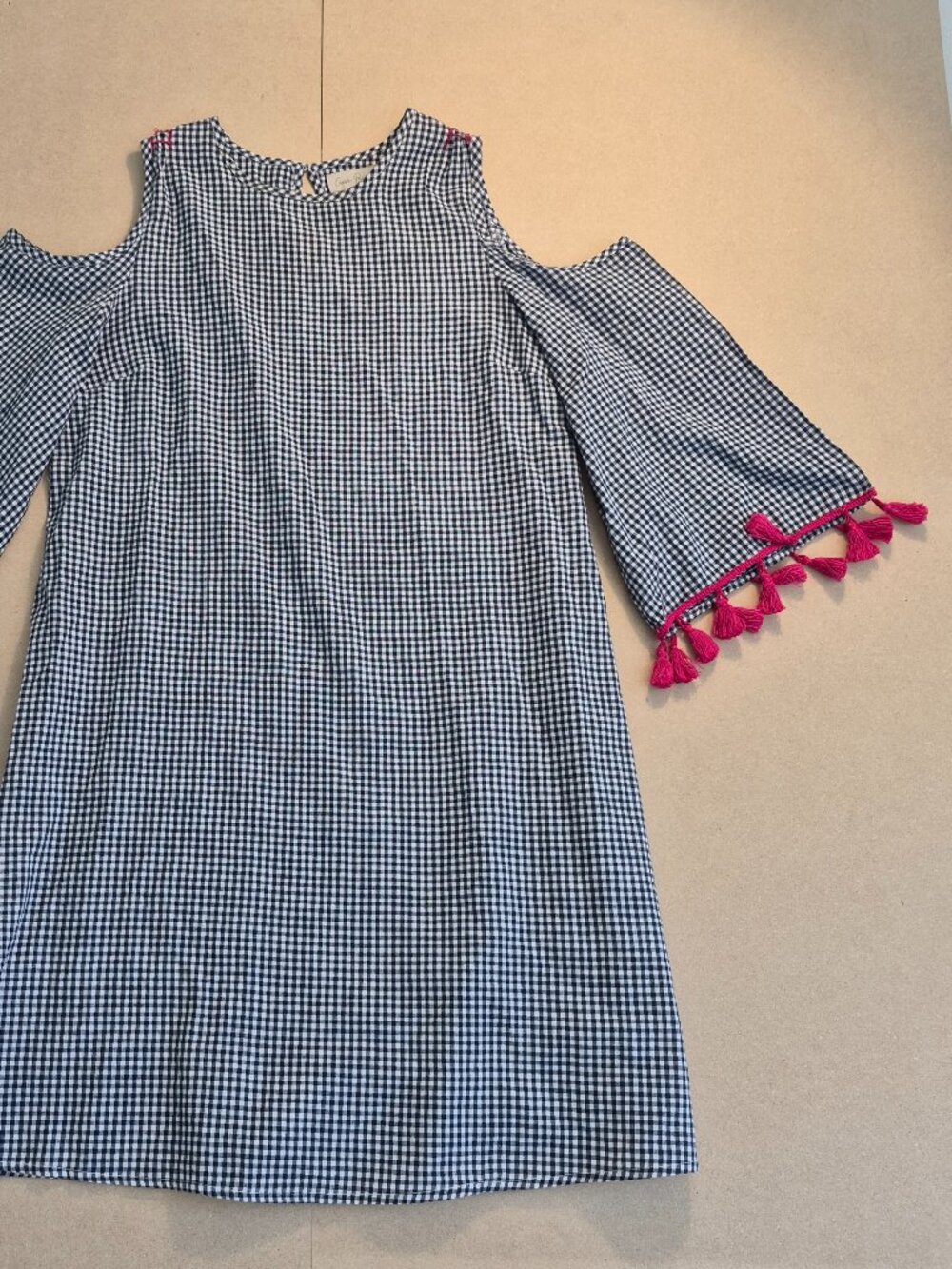 Charlie Paige Gingham Cold Shoulder Dress Boho Tassel Fringe Cotton M